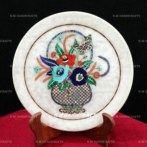 Decorative Marble Marquetry Gems Inlay Plate, Flowers, Pietra Dura Art, Serving Plate, Marble Serveware, Gift, Kitchen Decor, Home Decor