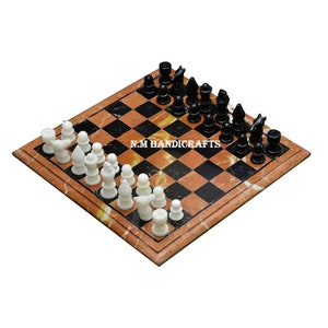 Pink Marble Chess Set, Black Chess Squares, Tournament Chess Board, Stone Chess table, Mosaic Marquetry Art, Chess table, Stone Chess Set