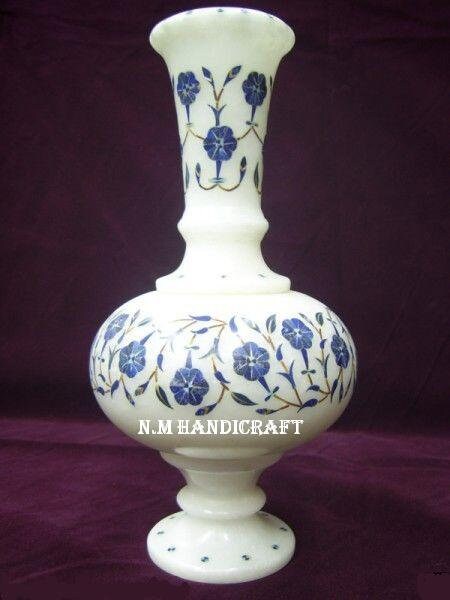 10 " Tall Marble Inlay Flower Vase, Semi Precious Stones Inlaid, Table Vases, Home & Office Decor, Memorable Inlay Art Piece