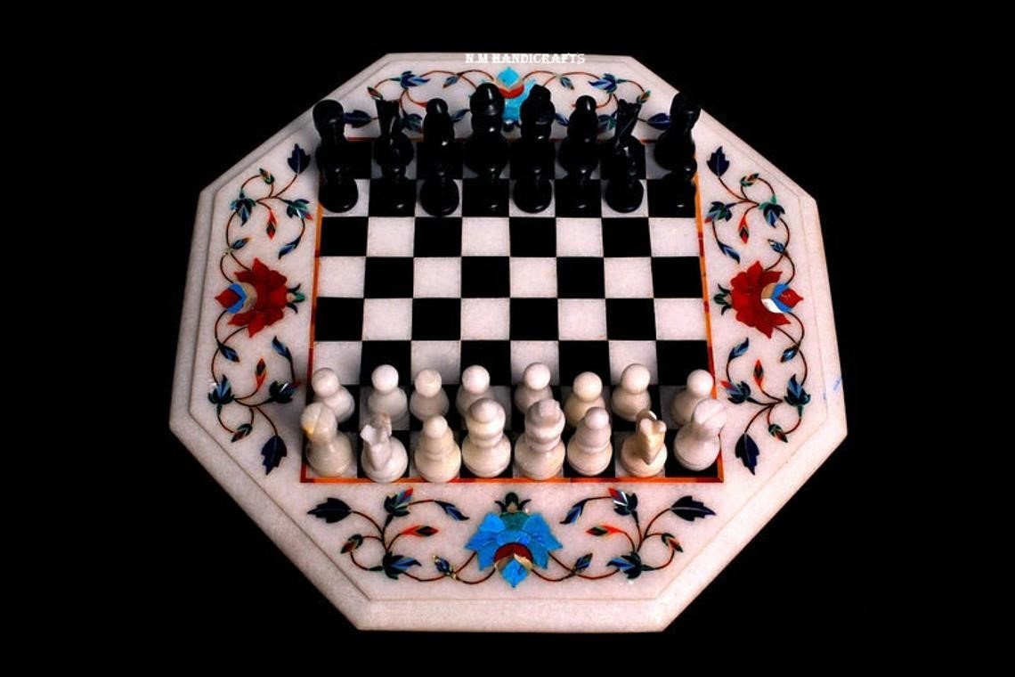 White Marble Chess Set, Gems Stone Inlay, Pietra Dura, Vintage Chess, Mosaic Marquetry Art, Chess table, coffee/end/side/dinning table