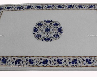 White Marble Inlay Dining Table, Lapis Lazuli & Gems Stones Inlay, Floral Inlay, Center Table, Hallway Table, Breakfast Table, Garden Table