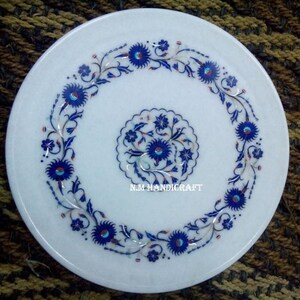 12&quot; White Marble Plate, Lapis Lazuli Inlaid, Flowers, Pietra Dura Art, Serving Plate, Marble Serveware, Gift, Kitchen Decor, Home Decor