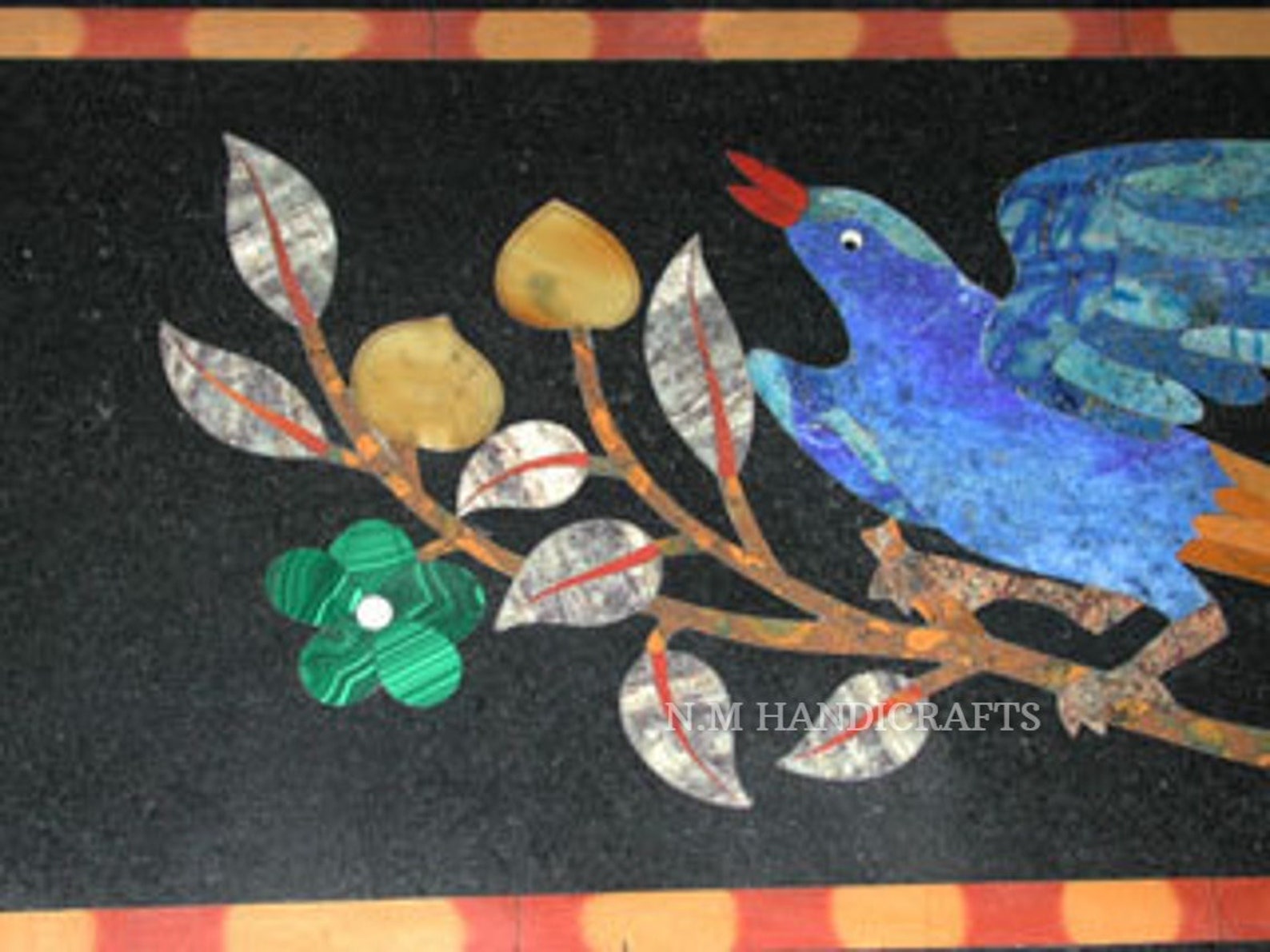 Black Stone Coffee Table Top, Marble Counter Top, Floral Inlay, Vintage