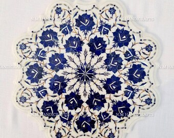 White Marble Inlay Coffee Table , Lapis Lazuli Inlaid, Floral Marble Table, Centre Table Top, Mosaic Marquetry Art, Marble SideTable