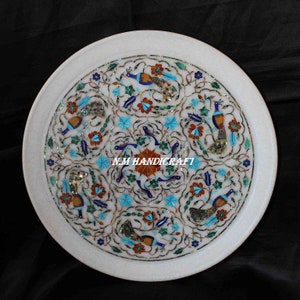 12&quot; Marble Marquetry Gems Inlay Plate, Flowers, Pietra Dura Art, Serving Plate, Marble Serveware, Gift, Kitchen Decor, Home Decor