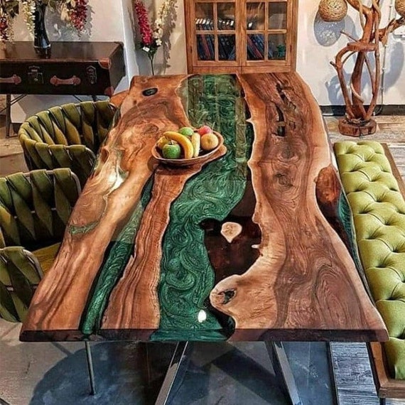 Mesa Escritorio en Madera Maciza de Roble con Río Epoxi Verde