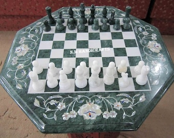 Green Marble Chess Set, Mop Inlay, Tournament Chess Board, Pietra Dura Art, Mosaic Marquetry Art, Chess table, Green Chess Board Set,