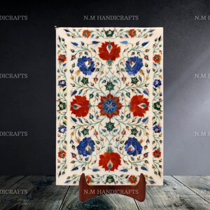 10 X 7 ” White Marble Inlay Tray, Carnelian Stone Inlaid, Floral Marquetry, Pietra Dura Art, Serving Tray, Gift, Kitchen Decor, Home Decor