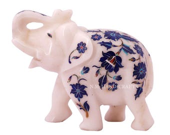 白い大理石の象の置物（室内装飾用）／ラピスラズリ象嵌入りの青い象の