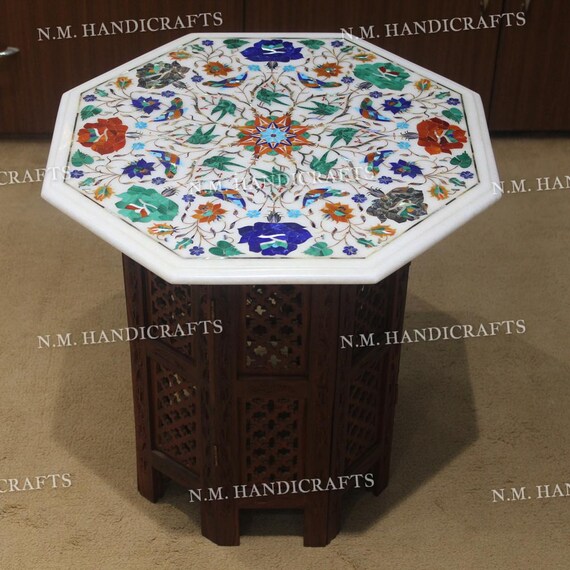 18" White Marble Table WIth Wooden Pedestal, Beautiful Inlay Art With Floral and Marquetry Work Pietra Dura Art Work