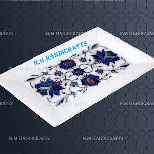 Decorative White Marble Inlay Tray, Lapis Lazuli Inlaid, Floral Marquetry, Pietra Dura Art, Serving Tray, Gift, Kitchen Decor, Home Decor