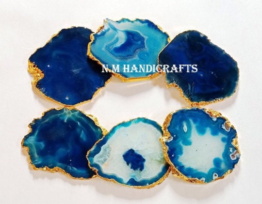 Blue Agate Coasters Set of 4 Gold or Silver Electroplated, Handmade Coaster, Table Coaster, Home Decor