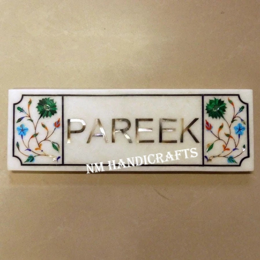 Decorative Marble Name Plate, Personalized Wall Hanging Name Plate, Custom Name on White Marble inlay art, Name Plate, House Name Plate