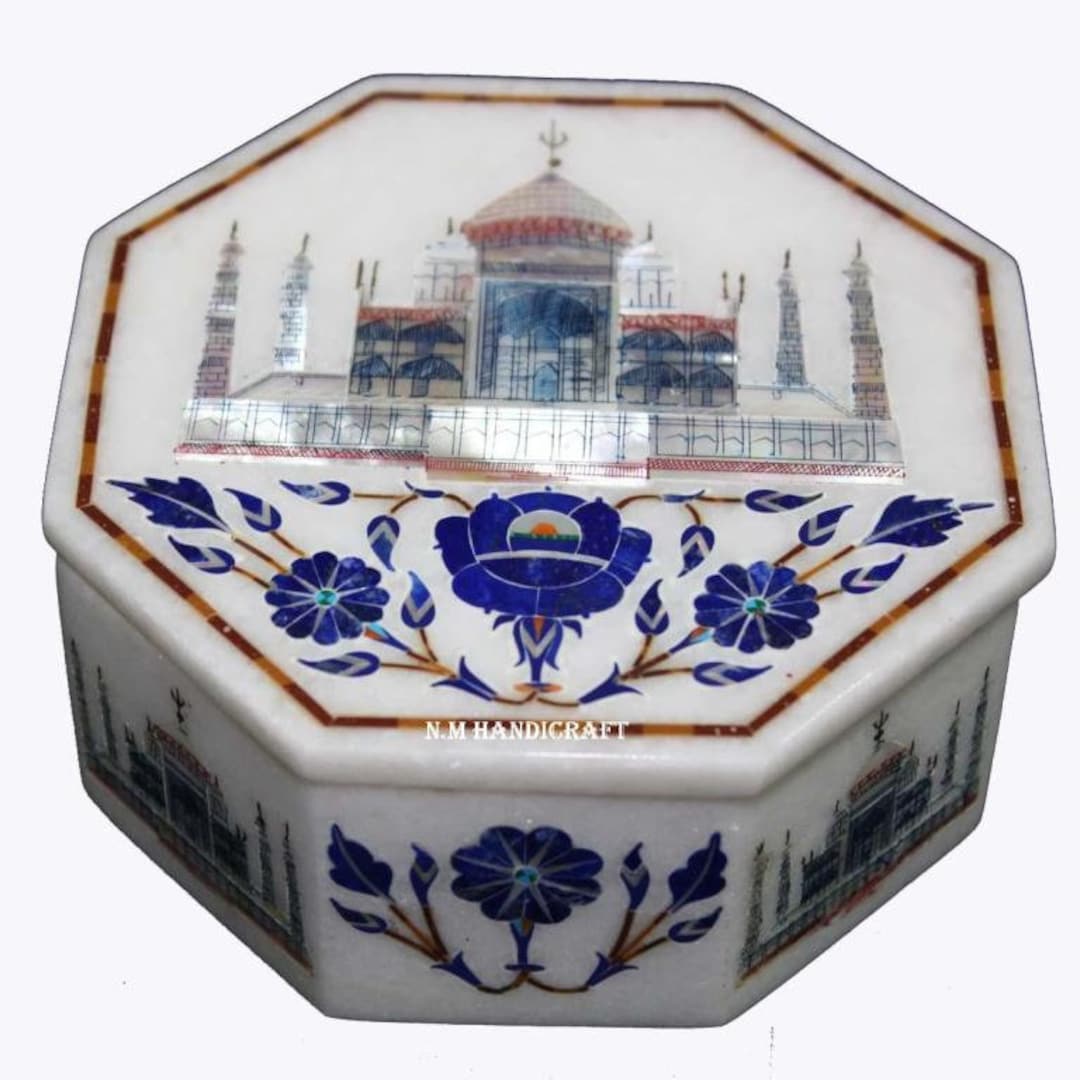 Taj Box Taj Mahal on White Marble Jewellery Box, Lapis Lazuli & Mop Inlaid ...