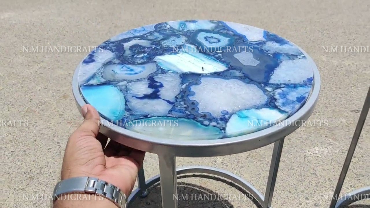 Blue Agate Nesting Coffee Table Top, Blue Stone Table, Agate Coffee Table, Agate Side & End