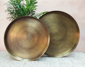Hammered Heavy and Solid Brass Round Tray in Antique Finish - 2 Sizes
