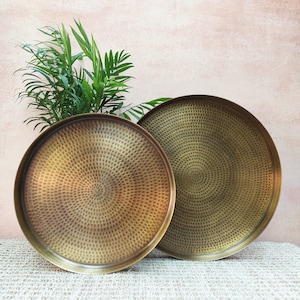 Hammered Heavy and Solid Brass Round Tray in Antique Finish - 2 Sizes