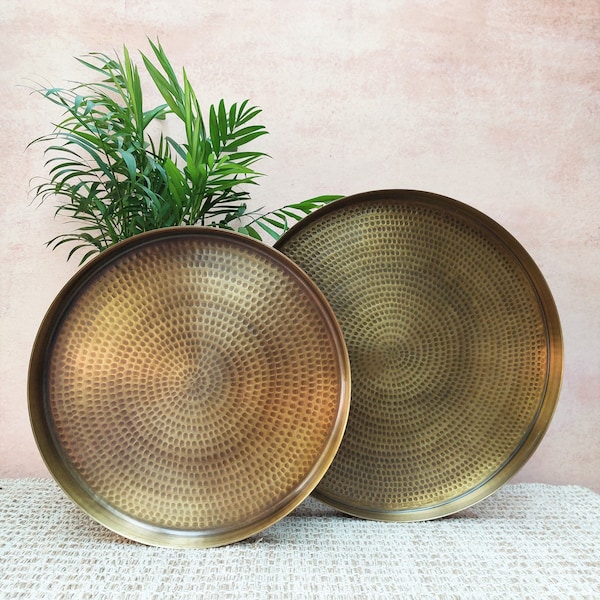 Hammered Heavy and Solid Brass Round Tray in Antique Finish - 2 Sizes