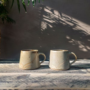 Può includere: Due tazze in ceramica con una glassa grigio chiaro e dettagli marroni. Le tazze hanno un design semplice con un manico curvo e un corpo leggermente arrotondato. Le tazze sono su una superficie di legno.