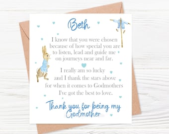 Thank You For Being My Godmother or Godfather Card & Gift, Cute Rabbit Thank You Card, Personalised Thank You Card, Handmade
