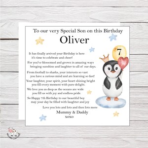 Carte d’anniversaire, fils, petit-fils, fille, petite-fille, grande carte personnalisée à thème mignon pingouin, carte d’anniversaire sentimentale
