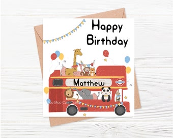 Personalised Birthday Card for a Girl, Boy, Card with child's name, Birthday Card, Happy Birthday, Jungle Theme Card, London Bus Fun Card