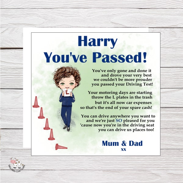 Congratulations You've Passed Your Driving Test Card, Son, Grandson, Nephew, Personalised You've Passed Driving Test Card, Well Done