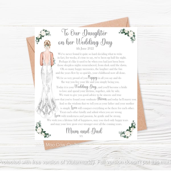 Large Personalised Daughter Card for Wedding, Special Card for Daughter Wedding Day, Sentimental Wedding Day Card and Matching Giftwrap