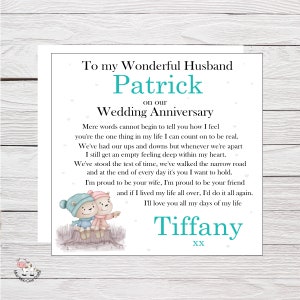 May include: A wedding anniversary card with a sweet message for a husband named Patrick. The card features a couple of teddy bears sitting on a log and the text "To my Wonderful Husband Patrick on our Wedding Anniversary". The card is signed "Tiffany XX".