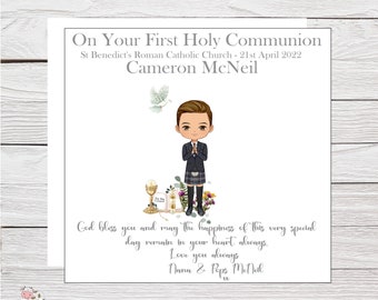 First Holy Communication Card, 1st Holy Communion Card for Son, Grandson, Personalised 1st Communion Card for Boy with Kilt, Gift Wrap