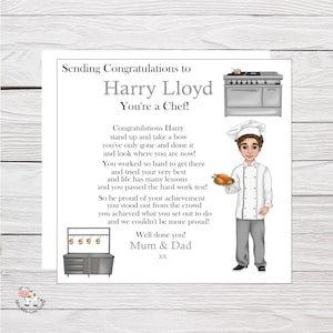 May include: A congratulatory card with a cartoon chef holding a roasted chicken. The card reads "Sending Congratulations to Harry Lloyd You're a Chef!" and includes a poem about the chef's accomplishments.