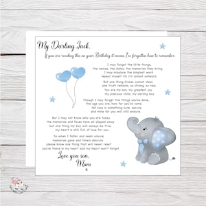 May include: A square greeting card with the text "My Darling Jack" and a poem. The card features blue star and heart-shaped balloon illustrations, and a gray elephant with a blue bow tie.