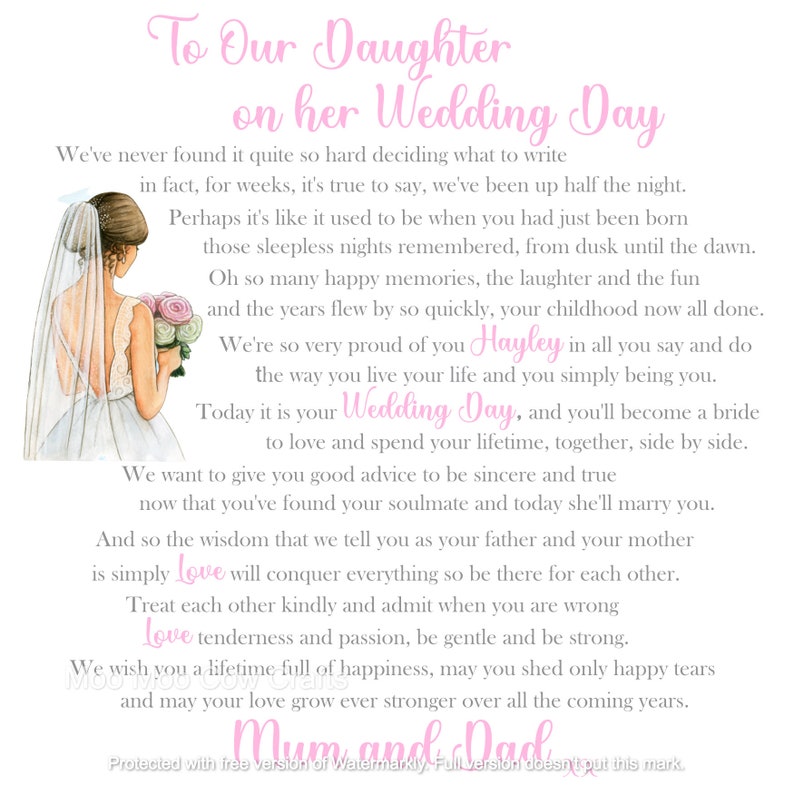 May include: A pink and white wedding card with a bride illustration and the text "To Our Daughter on her Wedding Day". The card includes a message to the daughter from her parents, wishing her a lifetime of happiness and love.