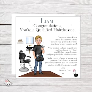 Félicitations au coiffeur ou au barbier nouvellement qualifié, au nouveau coiffeur, carte qualifiée de félicitations à vous, carte de nouveau coiffeur