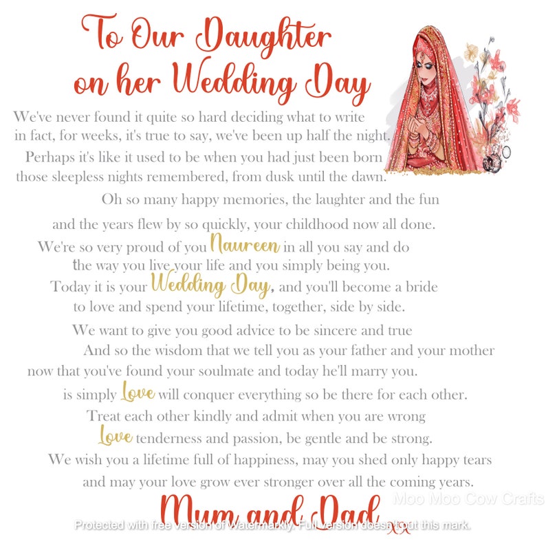 May include: A printable card with a message to a daughter on her wedding day. The card features a red and gold color scheme with a floral design and a picture of a woman in a red and gold outfit. The text reads "To Our Daughter on her Wedding Day" and includes a message of love and support from the parents.