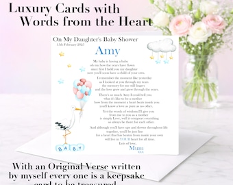 Daughter Luxury Baby Shower Card: Personalised Mum to Daughter, Custom Verse, Badge and Wrapping