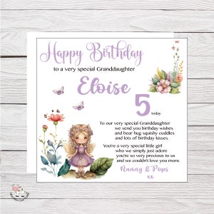 Carte d'anniversaire pour petite-fille, fille, 2e, 3e, 4e, 5e, mignonne, carte d'anniversaire de fée personnalisée avec verset et papier cadeau assorti