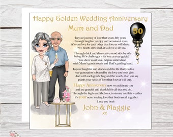 Golden Wedding Anniversary Card for Mum and Dad, Parents, 50 Years Anniversary Card and Personalised Anniversary Card and Gift Wrap