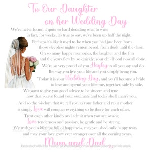 May include: A pink and white wedding card with a bride in a white dress and veil holding a bouquet of pink flowers. The card reads "To Our Daughter on her Wedding Day" and includes a message about love, happiness, and the couple's future together. The card is signed "Mum and Dad".