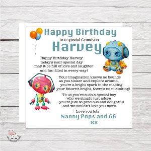 Grande carte personnalisée pour fils, petit-fils, neveu, frère, carte d'anniversaire de tout âge, jolie carte avec verset de poème, carte d'anniversaire amoureuse de robot