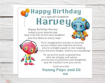 Large Personalised Card for Son, Grandson, Nephew, Brother, Any age Birthday Card, Cute card with poem verse, Robot Loving Birthday Card