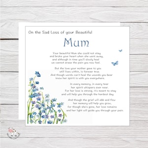 Carte de sympathie pour la mort d'une mère, maman, maman, couplet sentimental carte de sympathie, désolé pour votre perte, carte de deuil personnalisée