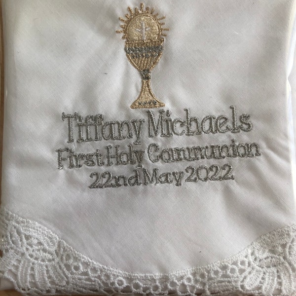 First Holy Communion Card with Lace Handkerchief, 1st Communion Keepsake, Holy Communion Gift and Card, Girls Holy Communion Gift and Card