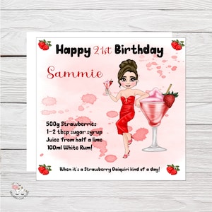 Carte d'anniversaire pour dame daiquiri aux fraises, carte pour une fille, nièce, tout âge, badge, emballage cadeau et badge assortis, dame cocktail