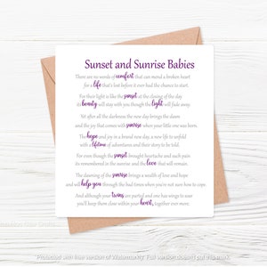 Carte pour dormir, naissance d'un bébé, bébés au lever et au coucher du soleil, jumeaux sans jumeaux, bébé au lever du soleil, bébé au coucher du soleil, perte de bébé, carte perte de jumeaux, carte de fausse couche