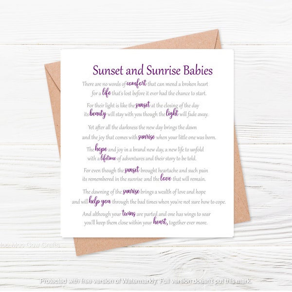 Baby Born Sleeping Card, Sunrise and Sunset Babies,  Twinless Twins, Sunrise Baby, Sunset Baby, Baby Loss, Twin Loss Card, Miscarriage Card