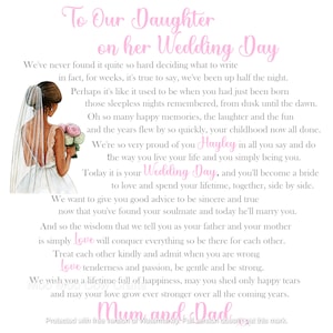 May include: A pink and white wedding card with a bride in a white dress and veil holding a bouquet of pink flowers. The card reads "To Our Daughter on her Wedding Day" and includes a message about love, happiness, and the couple's future together. The card is signed "Mum and Dad."