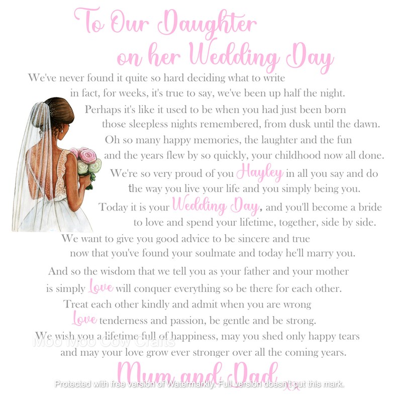 May include: A pink and white wedding card with a bride in a white dress and veil holding a bouquet of pink flowers. The card reads "To Our Daughter on her Wedding Day" and includes a message about love, happiness, and the couple's future together. The card is signed "Mum and Dad."
