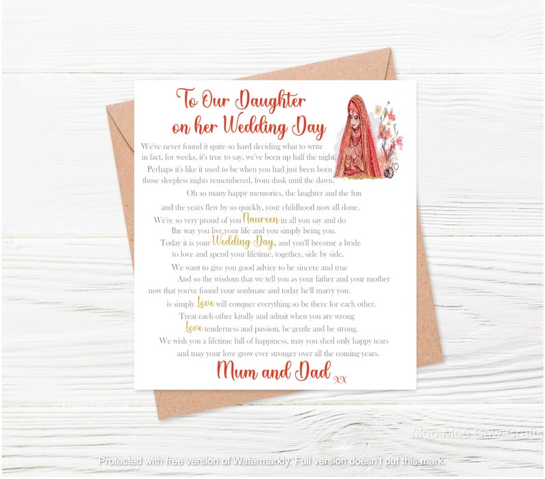 May include: A wedding card with a red and gold design featuring a bride in a traditional Indian outfit. The card reads "To Our Daughter on her Wedding Day" and includes a message from the bride's parents wishing her well on her special day.