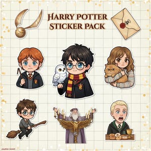 Könnte beinhalten: Ein Sticker-Pack mit Illustrationen von Charakteren und Symbolen aus der Harry-Potter-Reihe. Enthält Bilder von Harry, Ron, Hermine, Dumbledore, Draco, einem goldenen Schnatz und einer Eule. Der Text "Harry Potter Sticker Pack" wird oben angezeigt.